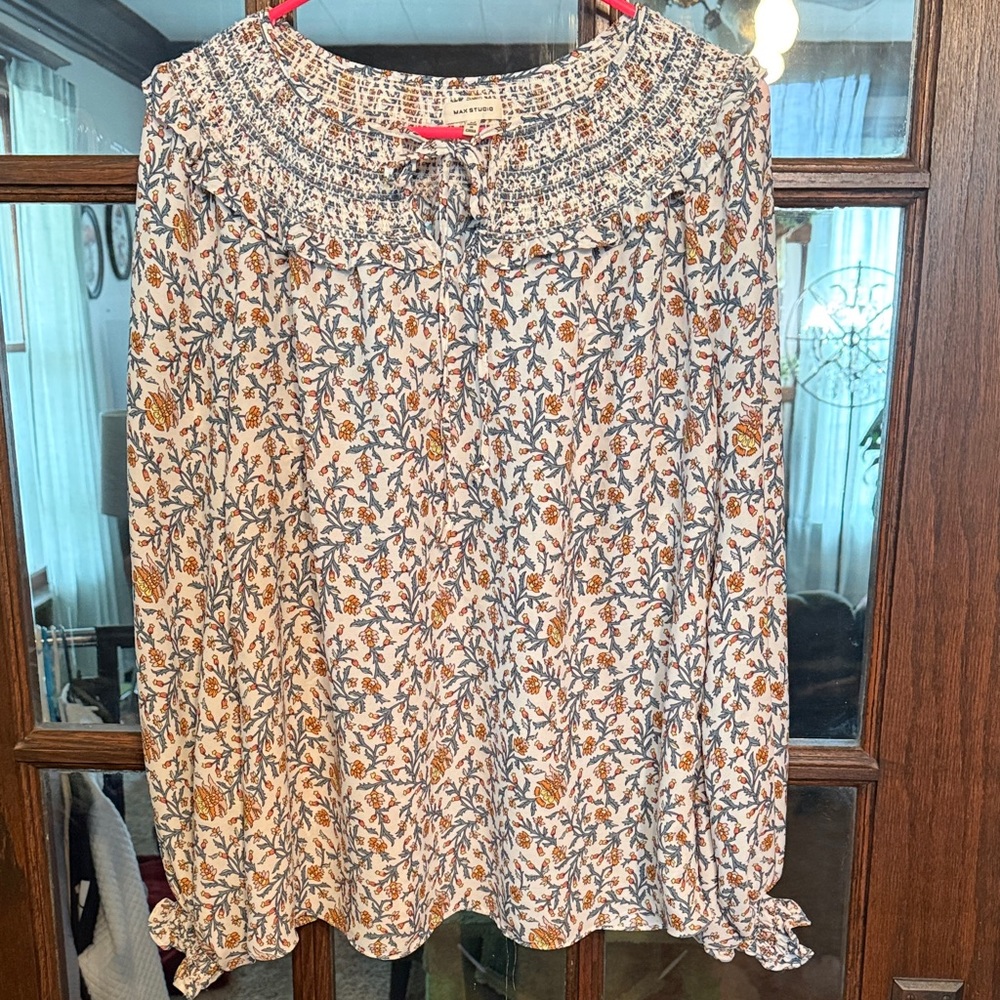 Max Studio Womens Floral Smocked Yoke Blouse Blue Orange‎ White Size Medium